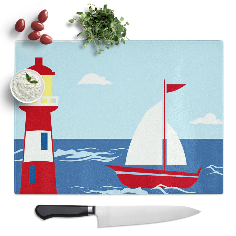 Childrens Lighthouse And Sailboat Art  Glass Chopping Board