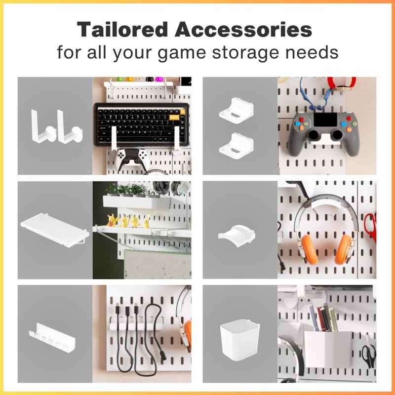 22" X 22" Pegboard Kit, Modern Gaming Setup Organizer with Accessories, Wall Mountable, Plastic Material