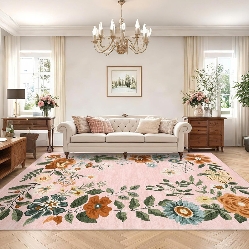 4x6 Floral Washable Area Rug, Non-Slip Non-Shedding Living Room Rug, Low Pile Stain-Resistant Throw Carpet, Foldable Printed Soft Carpet