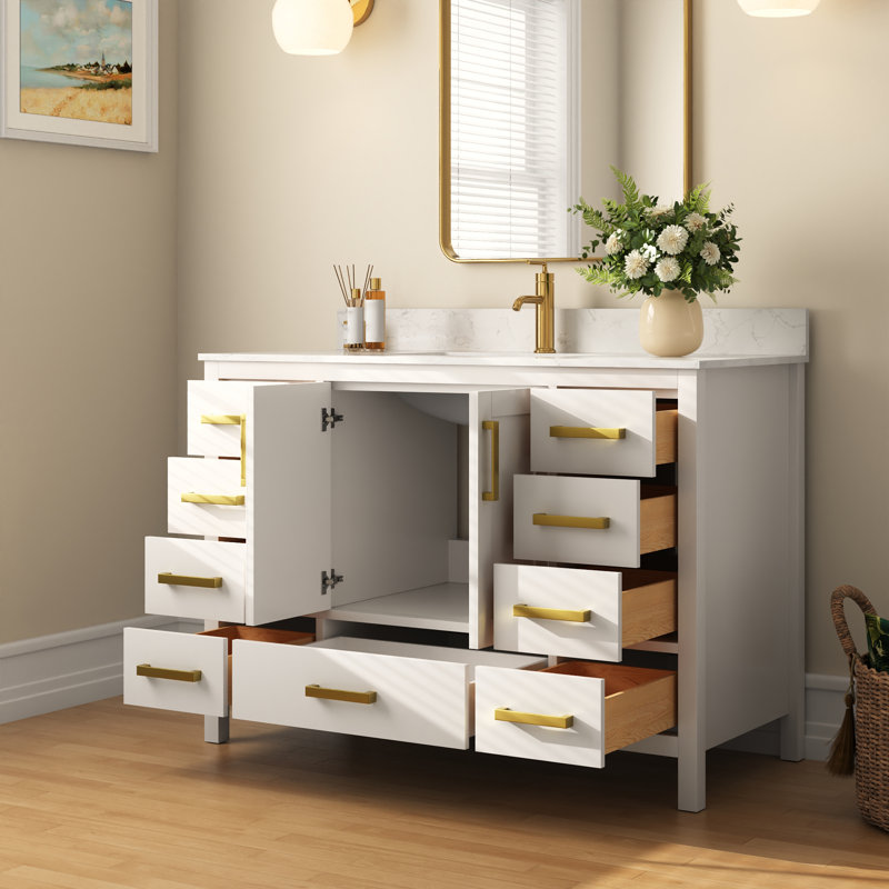 48'' White Bathroom Vanity with Ceramic Sink and Gold Hardware