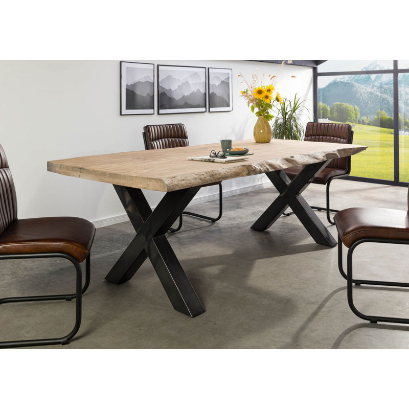 Solid Wood Top Metal Base Dining Table, 77 cm H x 240 cm L x 100 cm D, Beige, Anthracite