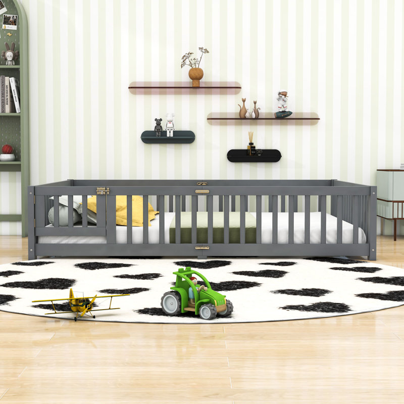 Lit de plancher avec garde-corps, porte et lattes robustes, Grand lit, Gris