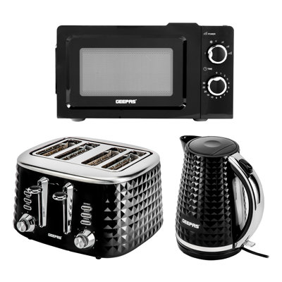 GEEPAS Electric Kettle 4 Slice Bread Toaster & Microwave Kitchen Set | 2200W 1.7L Textured Cordless Kettle | 1750W Toaster with 7 Level Browning Control | 700W Solo Manual Dial Microwave 20L
