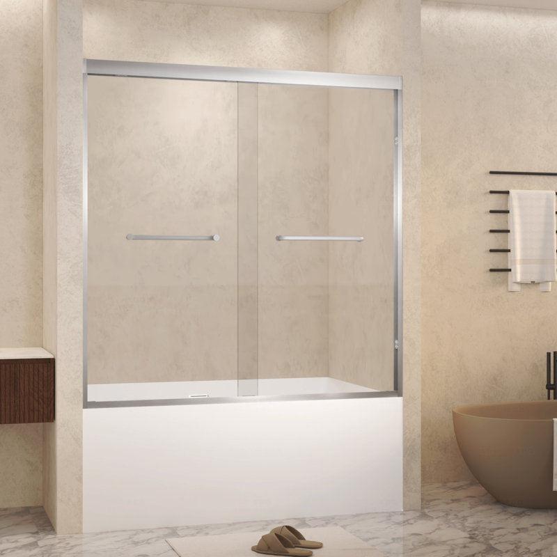 Tempered Glass With Explosion Proof Film, Aluminum Frame Material Double Sliding Opening Shower Door  - "1/4 (6 Mm), Stainless Steel Handle