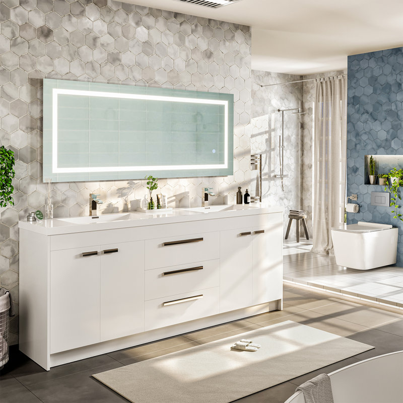 Wauconda Double Bathroom Vanity Set, White, 84"