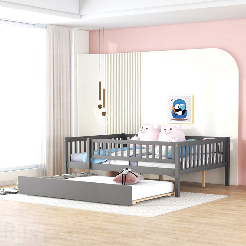 Lit de jour double en bois avec couchette et garde-corps, gris, Full, Grey