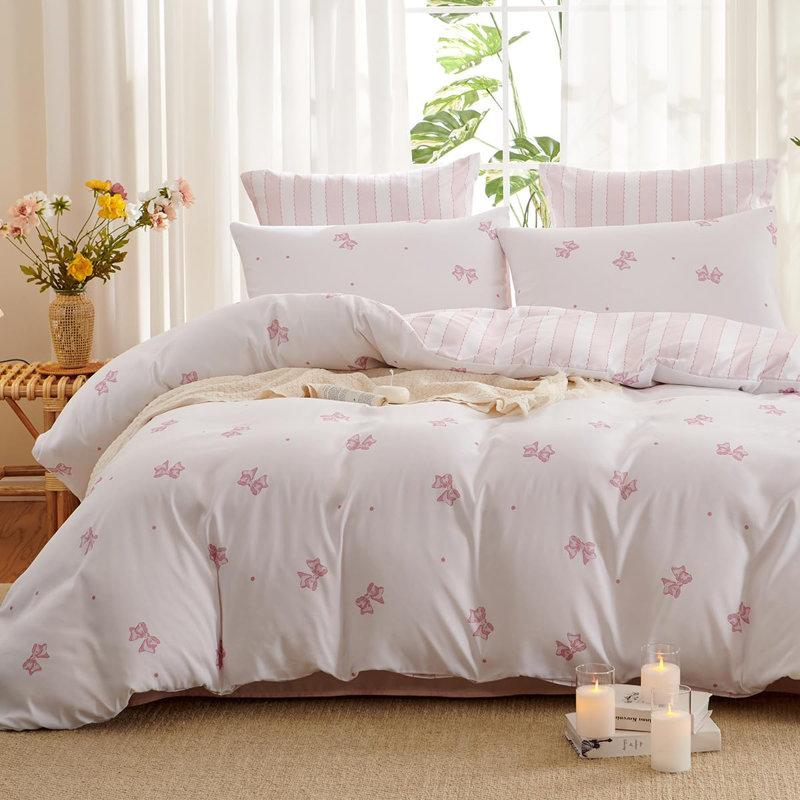 Comforter Set Pink Bow Ties Comforter Bedding Sets Reversible Pattern Chic Bowknot With Stripes Comforter