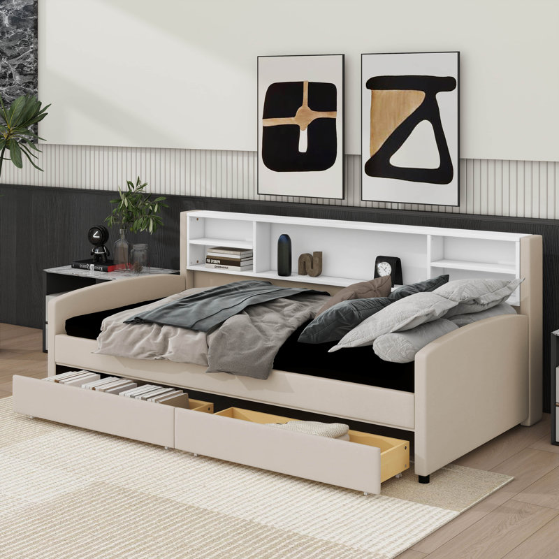 Lit plateforme simple tapissier avec tiroirs, Beige