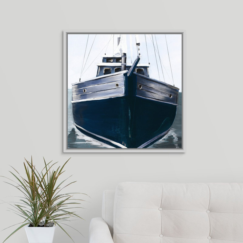 « sea faring life xx », peinture sur toile, H 25,7 po x l 25,7 po x p 1,75 po, Cadre flottant blanc