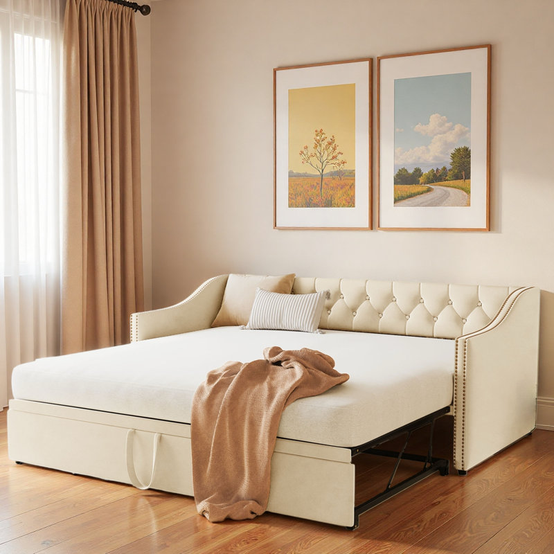 Lit de jour rembourré avec lit gigogne, Beige
