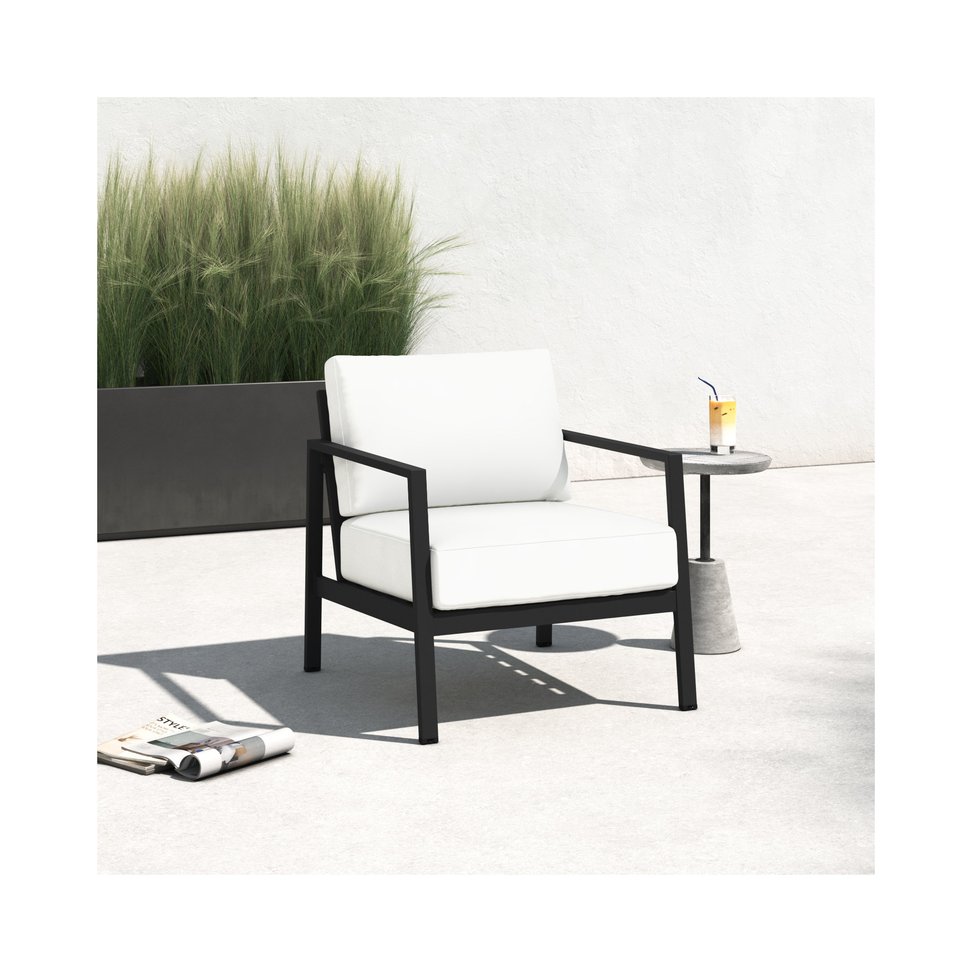 Armando Aluminum Outdoor Lounge Chair, Black, Canvas White Sunbrella® Canvas