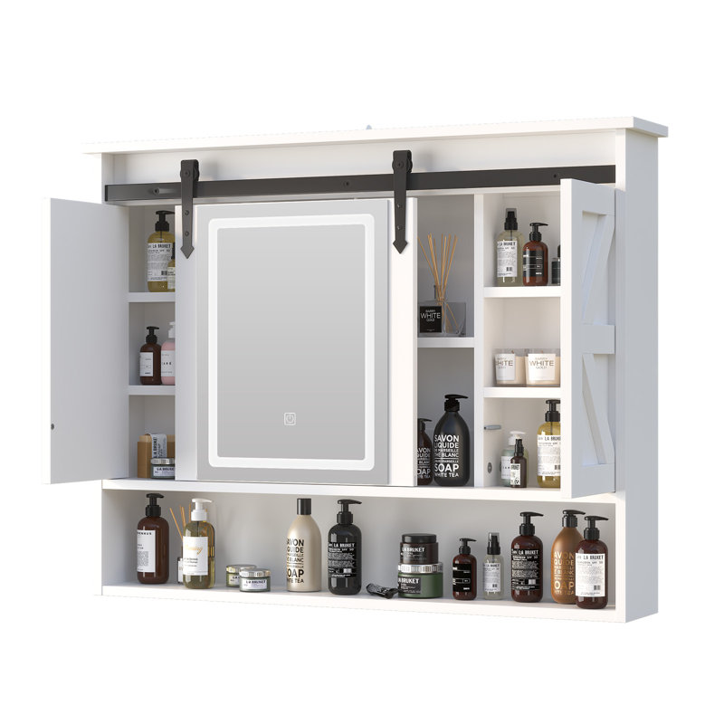 Armoire à pharmacie rustique avec lumières DEL et porte de grange coulissante, rangement mural