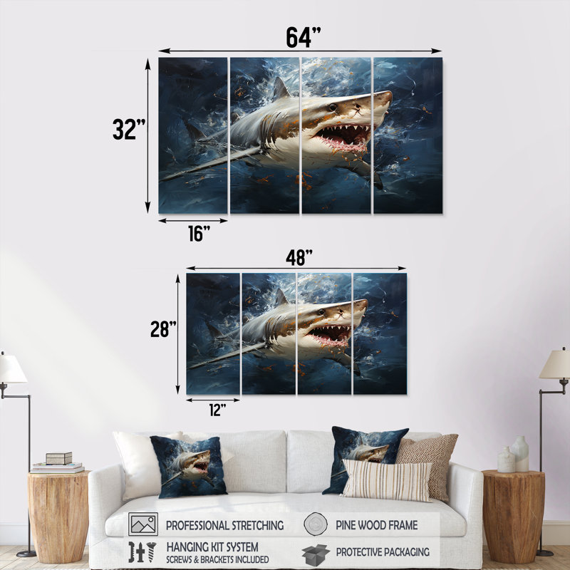 Underwater Shark Attack III - Shark, ensemble d'art mural 4 pièces, H 28 po x l 48 po