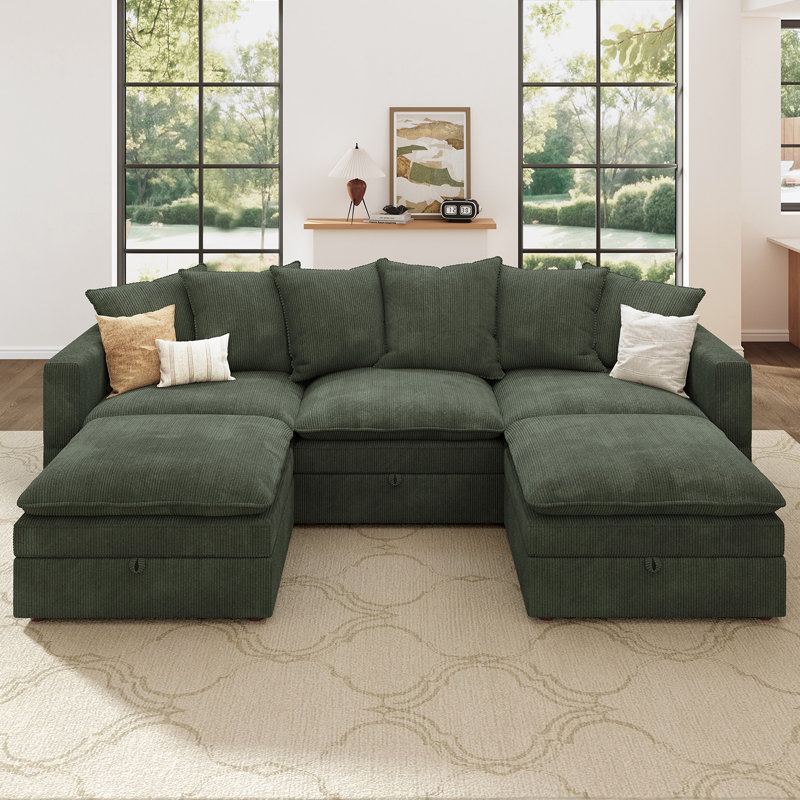 U-Shaped Corduroy Modular Sectional with Storage , Green Corduroy