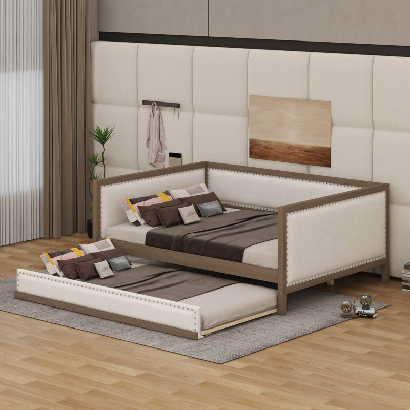 Full Size Upholstered Daybed With Trundle And Nailhead Decoration