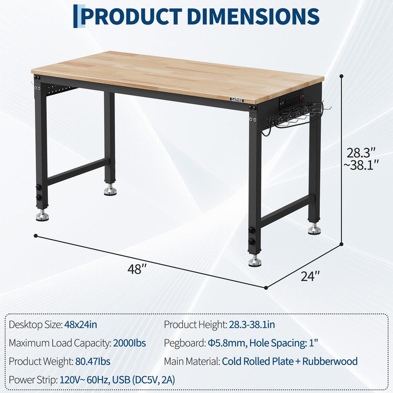 Établi réglable 48 po x 24 po - Plateau en bois d'hévéa massif, capacité de 2000 lb, prises de courant et panneau perforé pour atelier