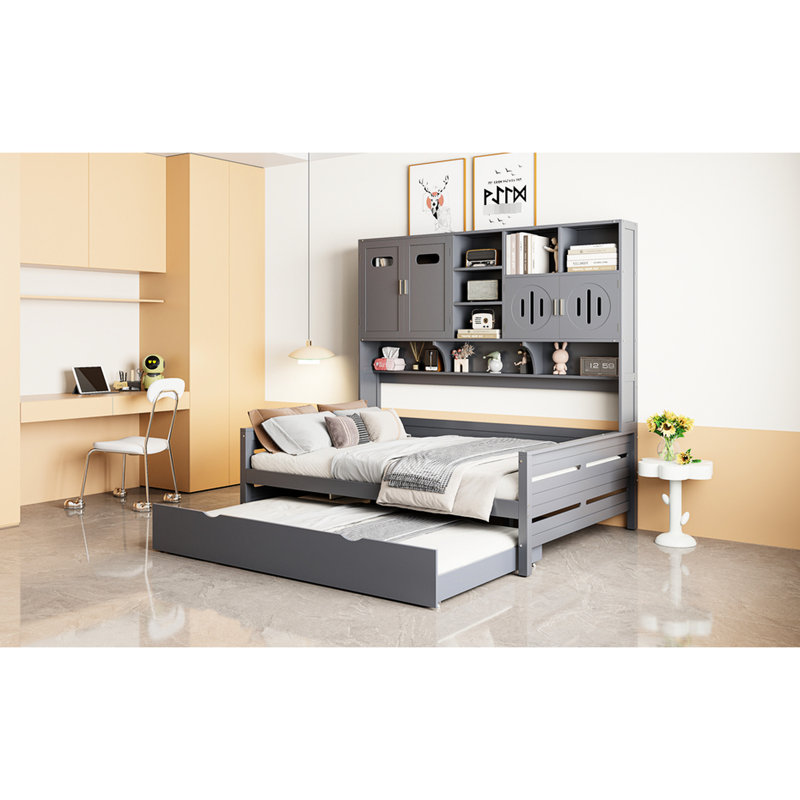 Size Wood Daybed With Twin Trundle And Unified Cabinet-Shelf - Strong Space Managed Wooden Trundle, Cabinet, Shelf In Gray Artistic Style