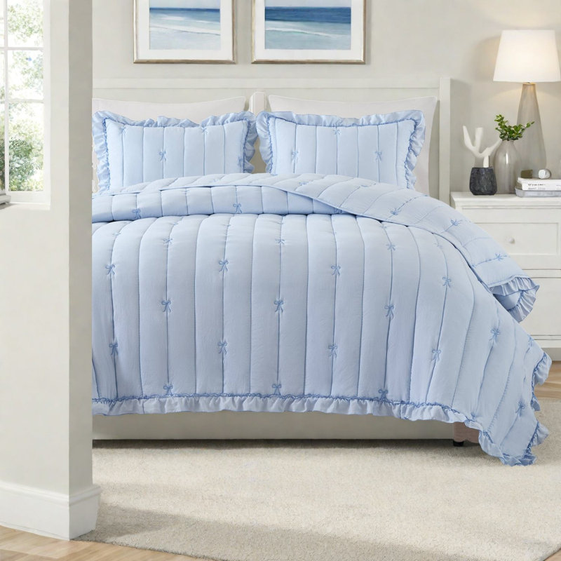 Soft Microfiber Bedding Sets, Full Queen Bow Quilt For Modern Home