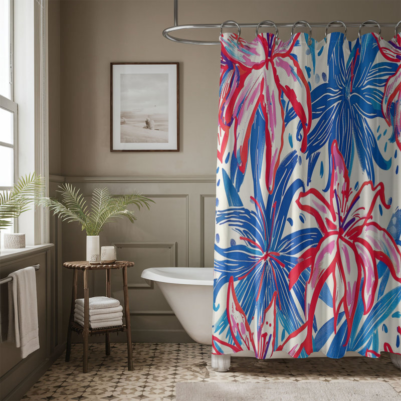 Rideau de douche standard 1 pièce Ruby and Azure Blossoms, H 74 po x l 71 po