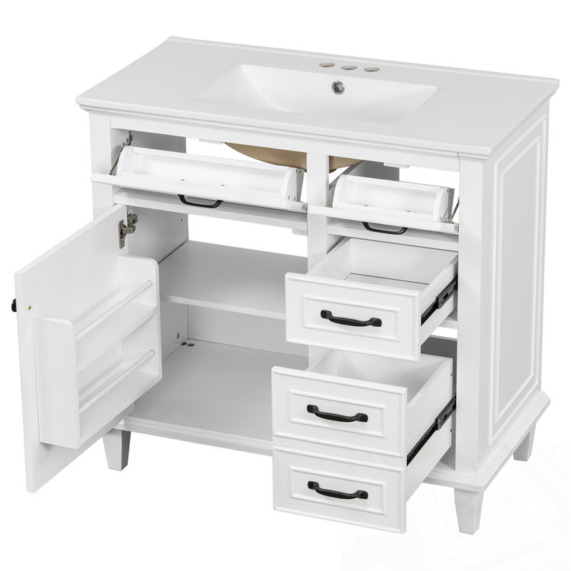 Bathroom Vanity with Sink, Flip Drawers and Adjustable Shelf, White