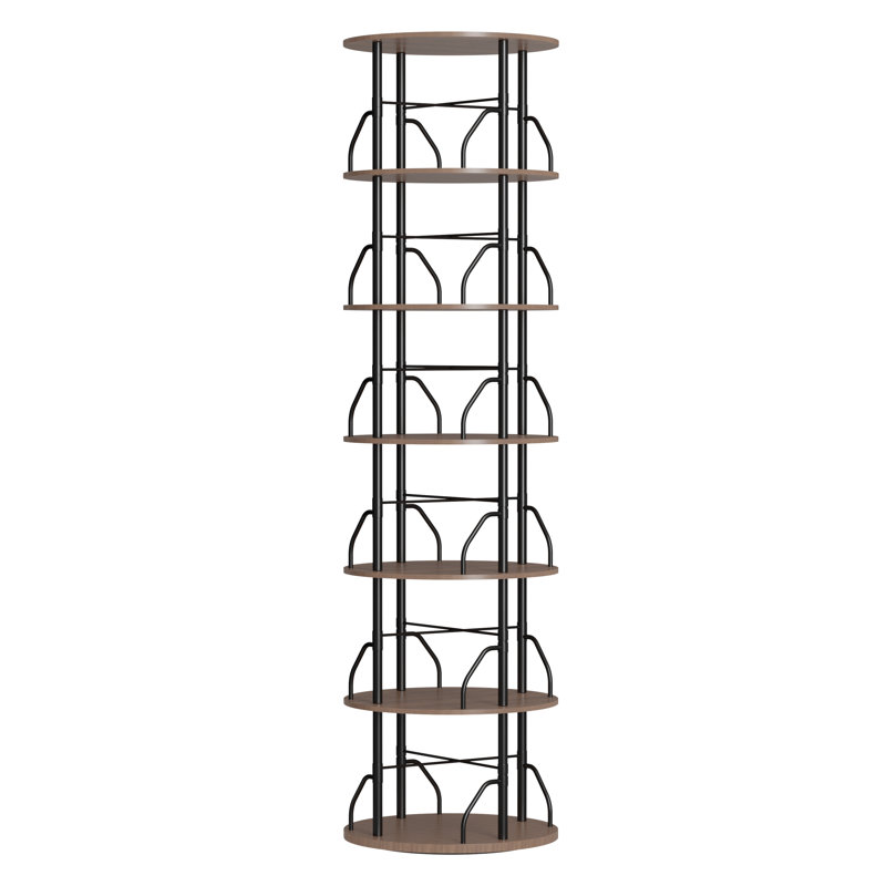 Rotating 360° Bookshelf Tower, Stackable Spinning Bookcase, Space‑Saving Revolving Round Shelf, Floor Standing Swivel Corner Organizer, Brown