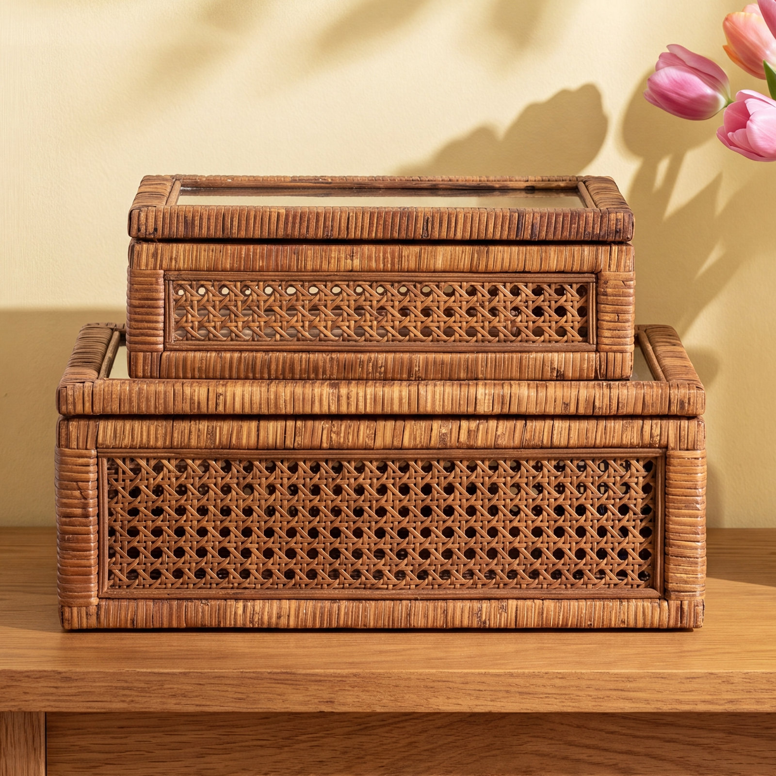 Edelie Woven Cane and Glass Decorative Box, 4.25" H x 12.5" W x 6.75" D, Brown