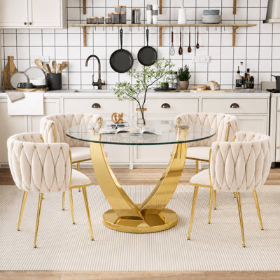 38.9" Round Glass Dining Table Set for 4, Clear Round Kitchen Set with 4 Upholstered Velvet Chairs, for Kitchen, Dining and Space Saving