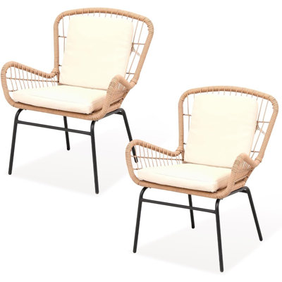 Ensemble bistro 3 pièces pour l'extérieur - Meubles en rotin PE avec larges sièges, coussins moelleux et table en verre trempé pour balcon, porche, jardin