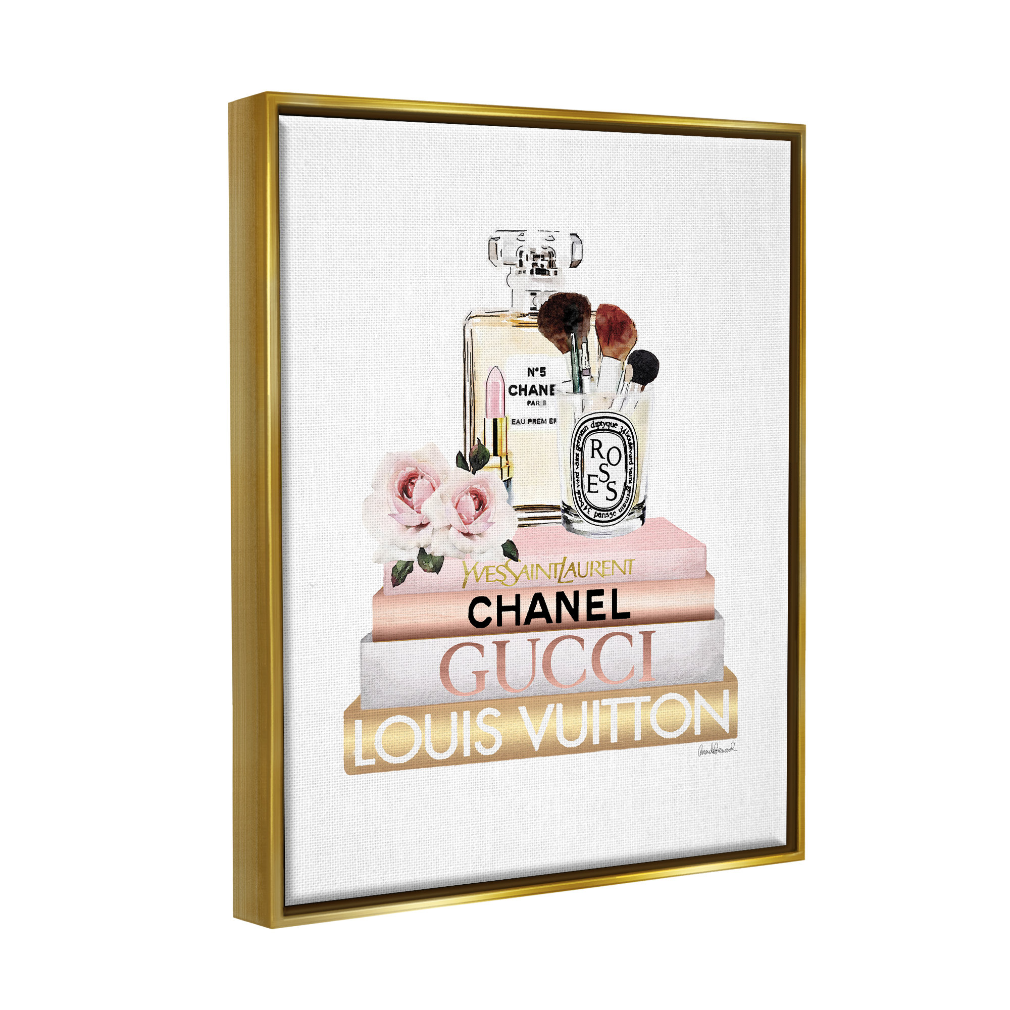 Fashion Essentials with Iconic Glam Brands Canvas Wall Art by Amanda Greenwood Stupell Industries Frame Color: Gold Framed, Size: 31 H x 25 W x 1.7
