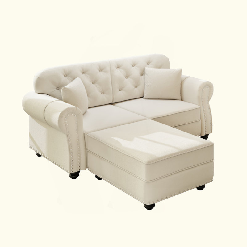 Canapé Chesterfield rembourré en velours avec garniture cloutée et accoudoirs roulés, canapé de style Mid-Century moderne capitonné, comprenant 2 coussins (2 repose-pieds)
