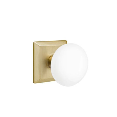 Ensemble de mortaise intérieure Emtek avec rosette Quincy et bouton de porcelaine blanc glacé (LH)