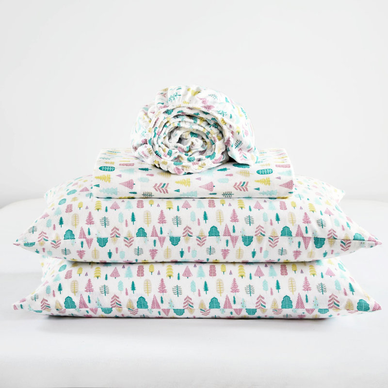 Drap en flanelle 100% coton simple TG dans un motif d'arbres de vacances blanc, drap-housse entièrement élastiqué, variété d'imprimés, avec housse plate et taie d'oreiller avec arbres imprimés