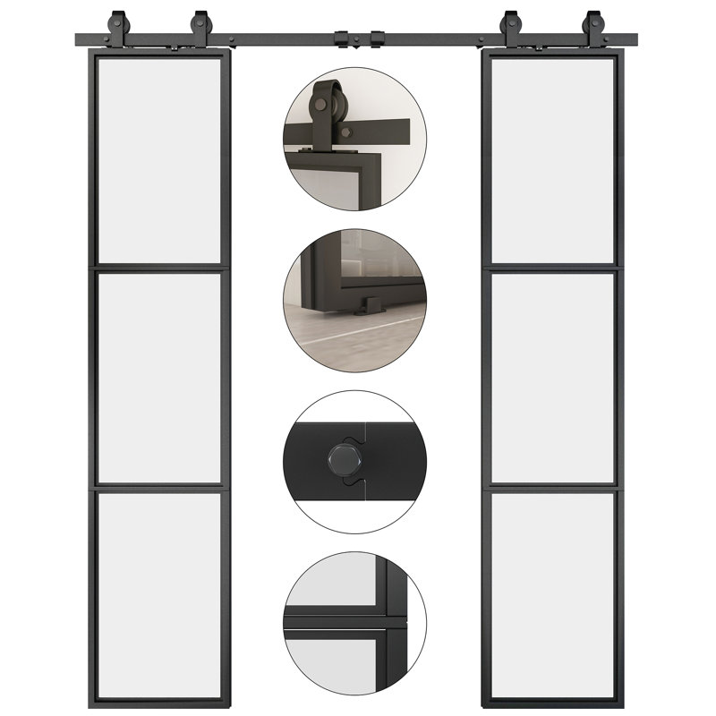 Metal and Tempered Glass Double Sliding Barn Door with Installation Hardware Kit, 2 Sets of Door, Clear