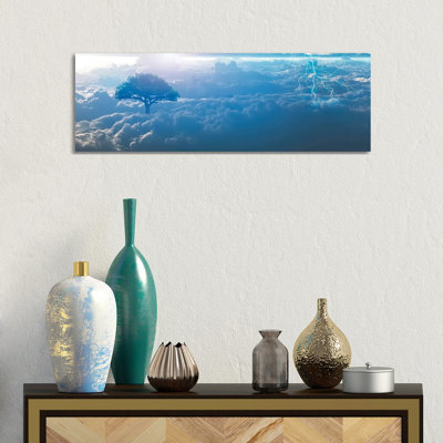 Surrealism Lightning and Dawn Green Tree 1 Piece Wrapped Canvas Panoramic Wall Art