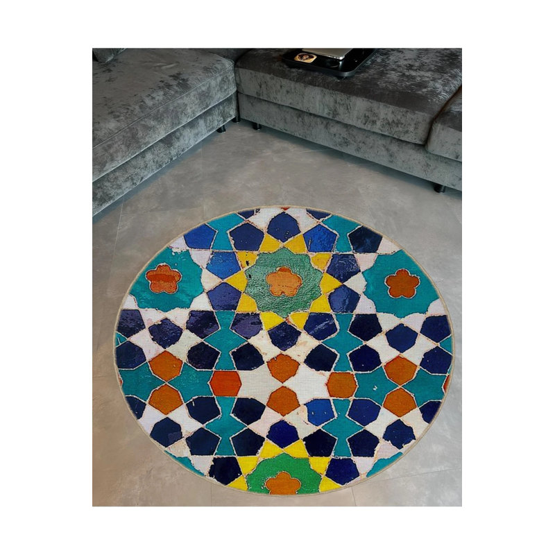 Modern Decorative Carpet With Multicolored Shapes Detail, Round 5'