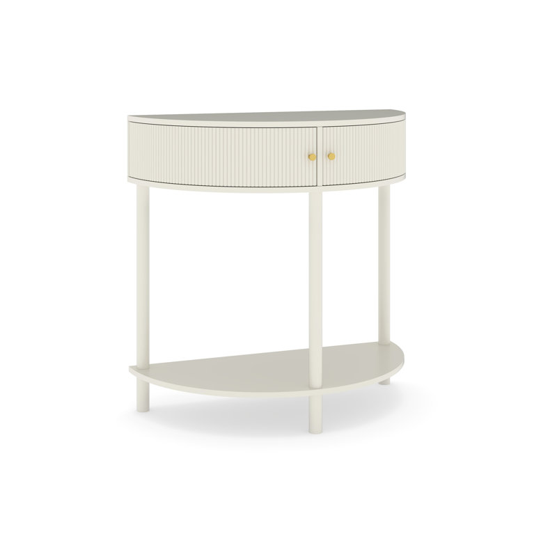Artisan-Crafted Wave-Pattern Demi-Lune Console Table with Creamy White Finish,Unique Half Moon Design End Table with 2 Storage Drawers and Bottom Shelf for Living room, Bedroom, Study, Hallway