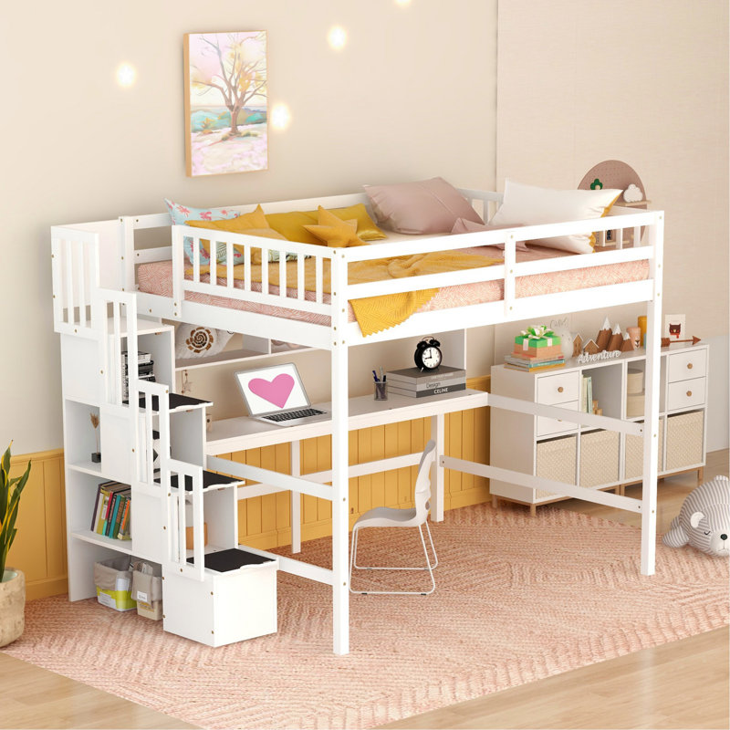 Kids Full Solid Wood Loft Bed With Built-In Desk And Storage Staircase, Blanc