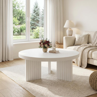 Table basse 33,5 po carrée avec plateau en grain de bois rétro de 1,3 po d'épaisseur, centre Mid-Century moderne avec pieds cannelés pour le salon, blanc