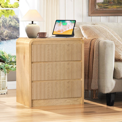 Fluted Nightstand with Charging Station and 3 Drawers and USB Ports