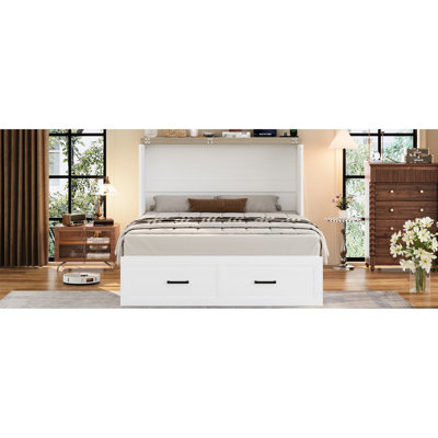 Lit armoire blanc avec accessoire de chargement et grand compartiment de rangement, plateforme pliable pour chambre d'amis