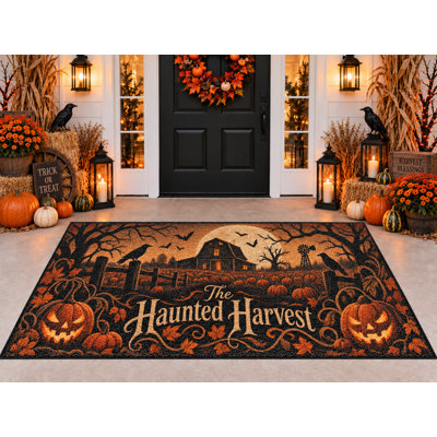 Tapis d'extérieur Halloween 152 x 213 cm, motif citrouilles et récolte hantées, tapis bouclé en PVC imperméable, tapis résistant à séchage rapide pour porche, terrasse, balcon ou entrée.