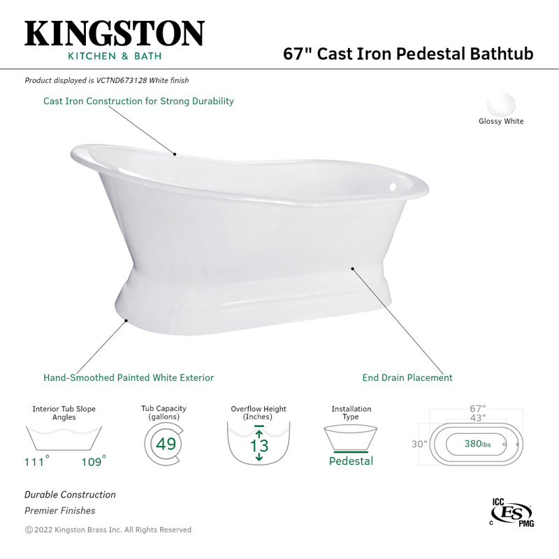 Kingston Brass Aqua Eden 67-Inch Cast Iron Oval Single Slipper Pedestal Tub (No Faucet Drillings)