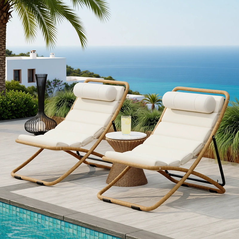 Foldable Rattan Outdoor Lounge Chair with Thick Cushion & Headrest, 2-Position Reclining Patio Chair (Set of 2), Yellow