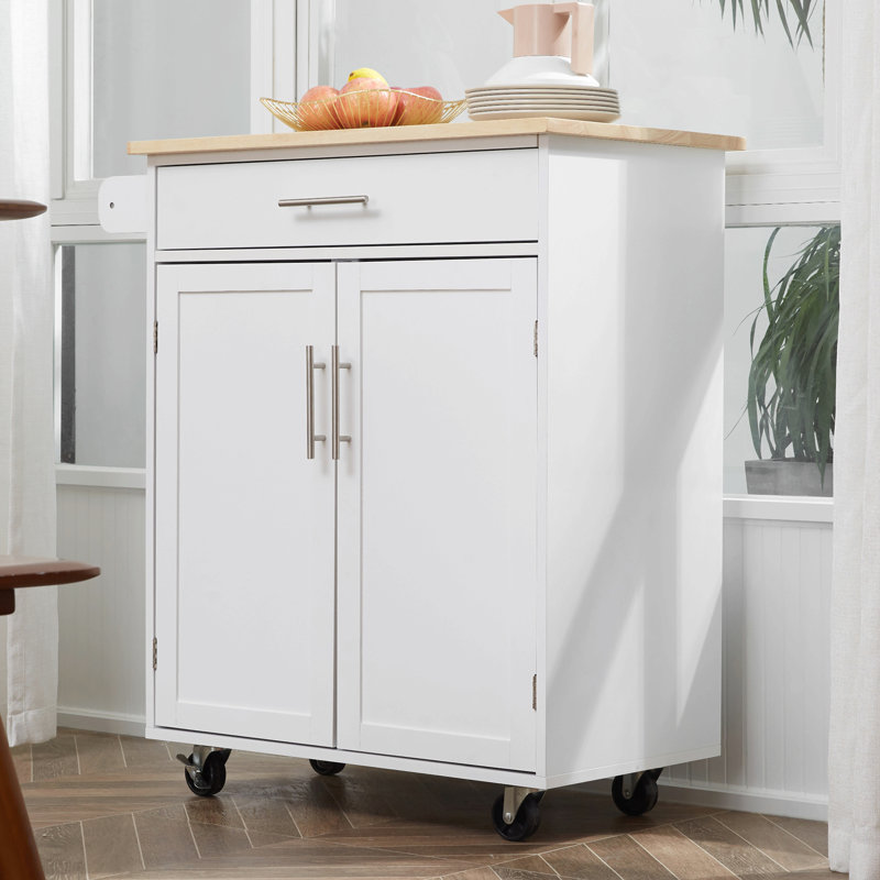 Îlot de cuisine avec chariot, tiroir, armoire de rangement et porte-serviettes, blanc