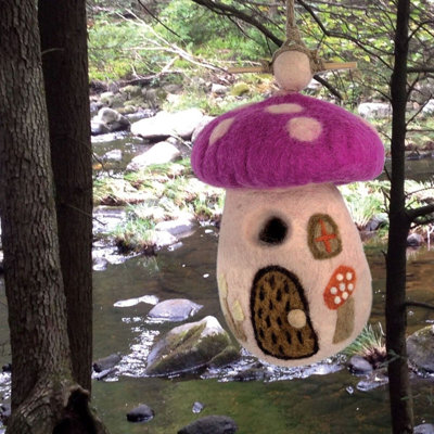 Handmade Felt Magic Mushroom 10.5 in x 7 in x 7 in Birdhouse