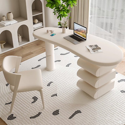 Cream White Curved Wood Writing Desk,3-drawer