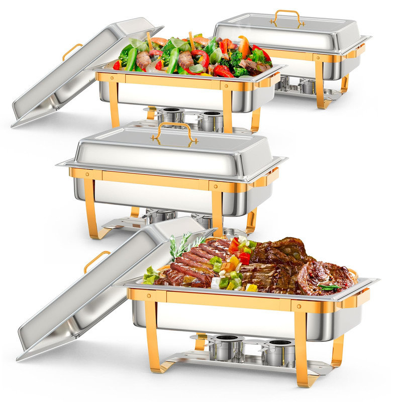 Ensemble de 4 réchauds à buffet 8QT - Réchaud pliable en acier inoxydable, rectangulaire, doré