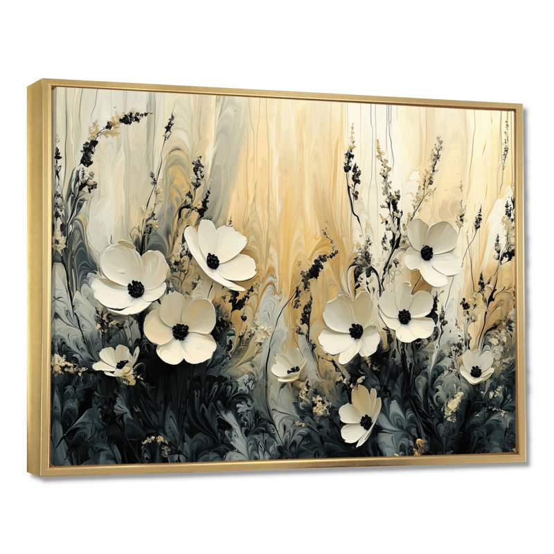 Dahlia Irmingard mimimalisme crème crème - art mural grand Dahlia, H 12 po x l 20 po, Impression encadrée flottante, Doré