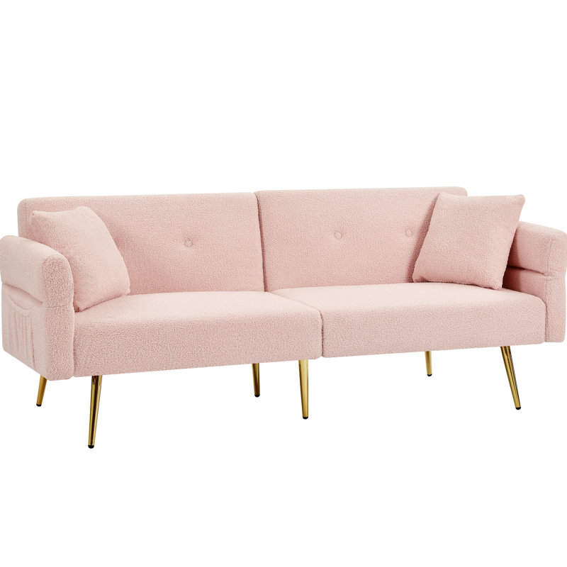 Lit d'appoint rembourré rose moderne avec poche latérale, fonction de couchette pliante, 4 pieds réglables et pieds en métal doré, cadre en bois massif pour le bureau, la chambre à coucher, salon compact aux angles, pliable