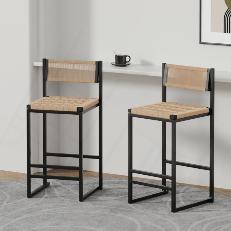 Kitchen Bar Stools With Footrest Set Of 2 Paper Rope Weave Dining Chairs Counter Height Barstool